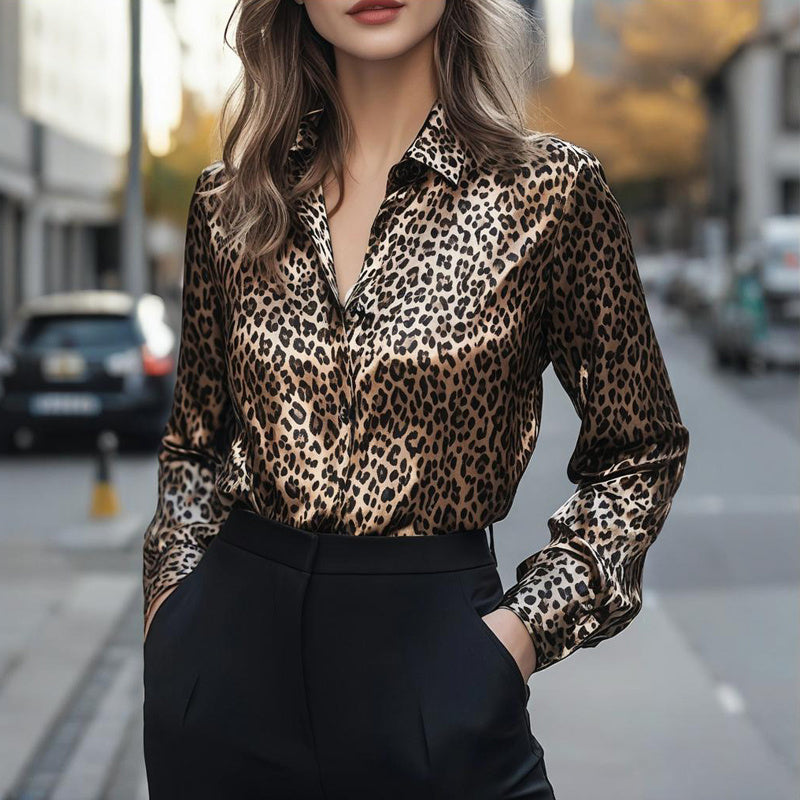 Women’s Satin Lapel Long Sleeve Shirt – Elegant Full Button Tapered Waist Top for Spring & Autumn