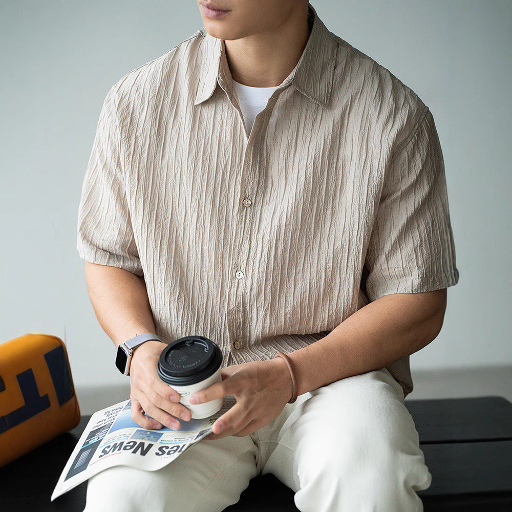 Men’s Light Business Short Sleeve Shirt – Slightly Wrinkled Lapel Casual Office Wear