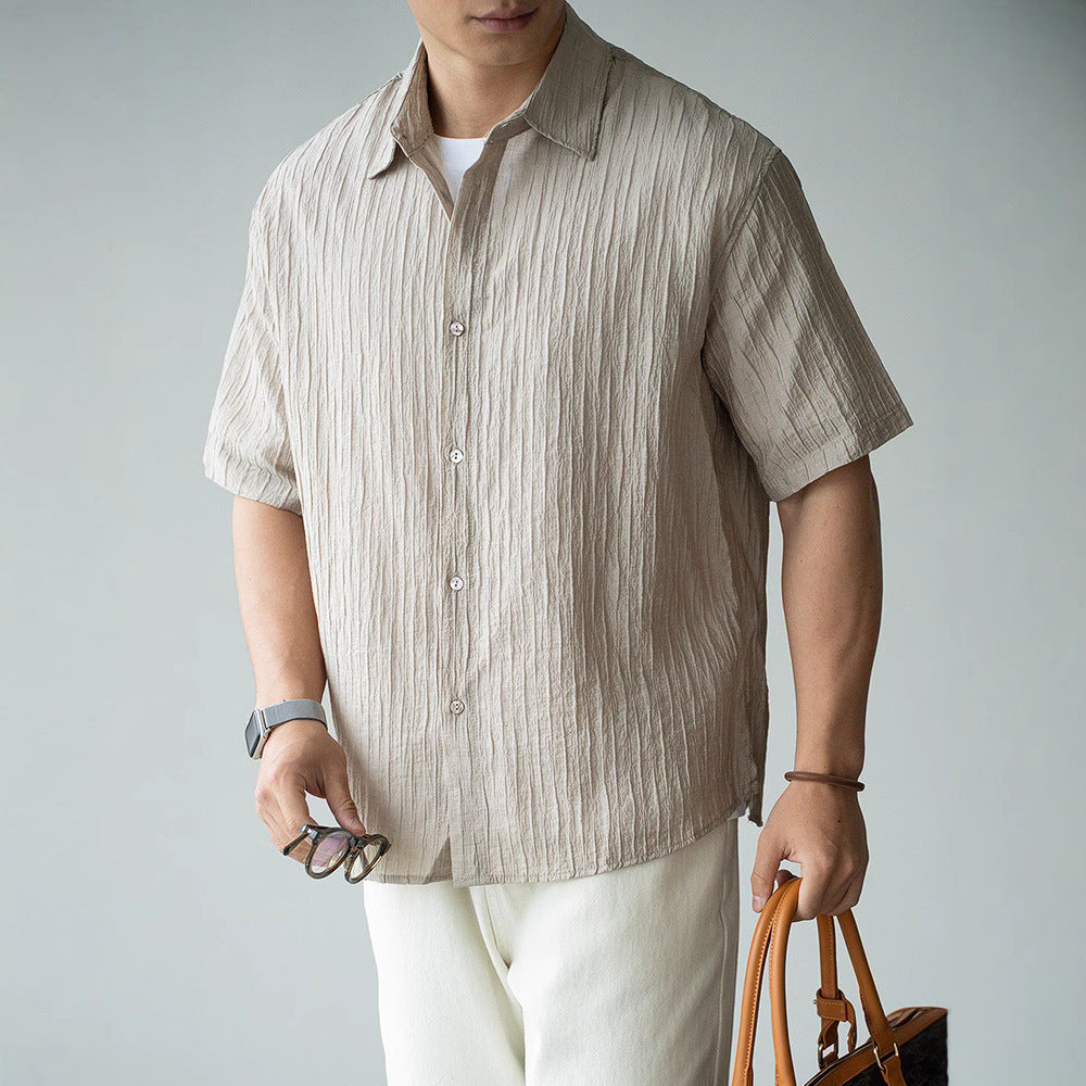 Men’s Light Business Short Sleeve Shirt – Slightly Wrinkled Lapel Casual Office Wear