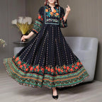 Women’s Ethnic V-Neck Embroidered Floral Maxi Dress – Long Sleeve A-Line Dress with Printed Hem