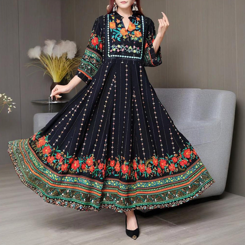 Women’s Ethnic V-Neck Embroidered Floral Maxi Dress – Long Sleeve A-Line Dress with Printed Hem
