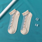 Women’s Crystal Lace Boat Socks – Thin Spun Glass Sheer Ankle Socks