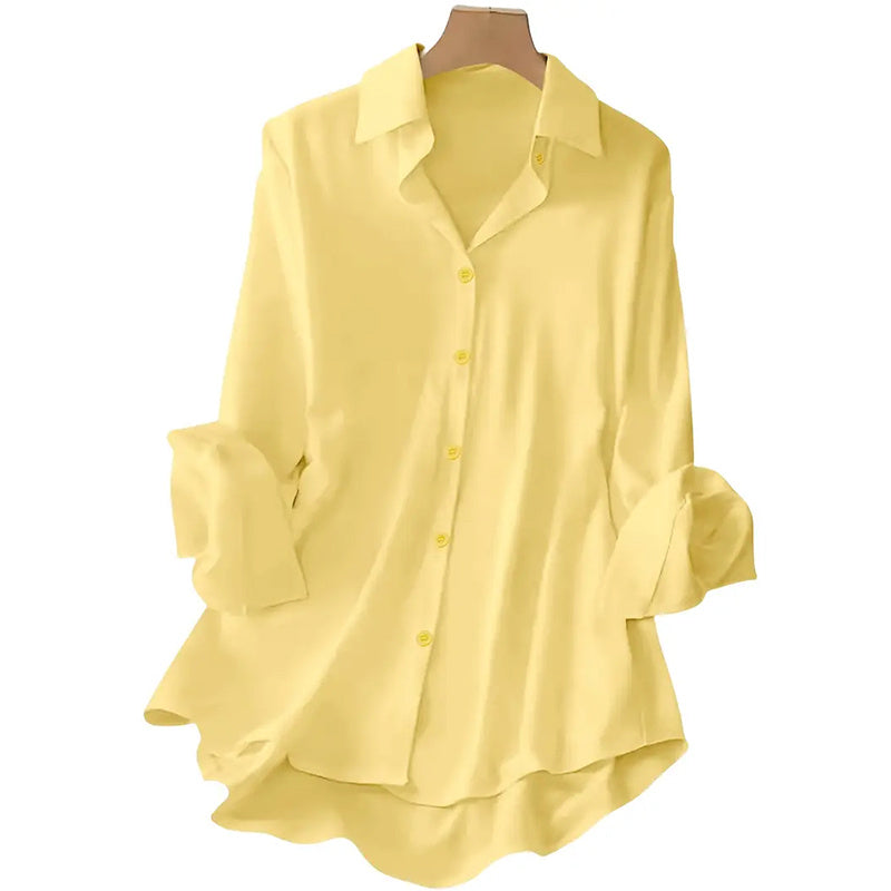 Plus Size Women’s Lapel Long Sleeve Shirt – Casual Solid Color Full Button Office Blouse