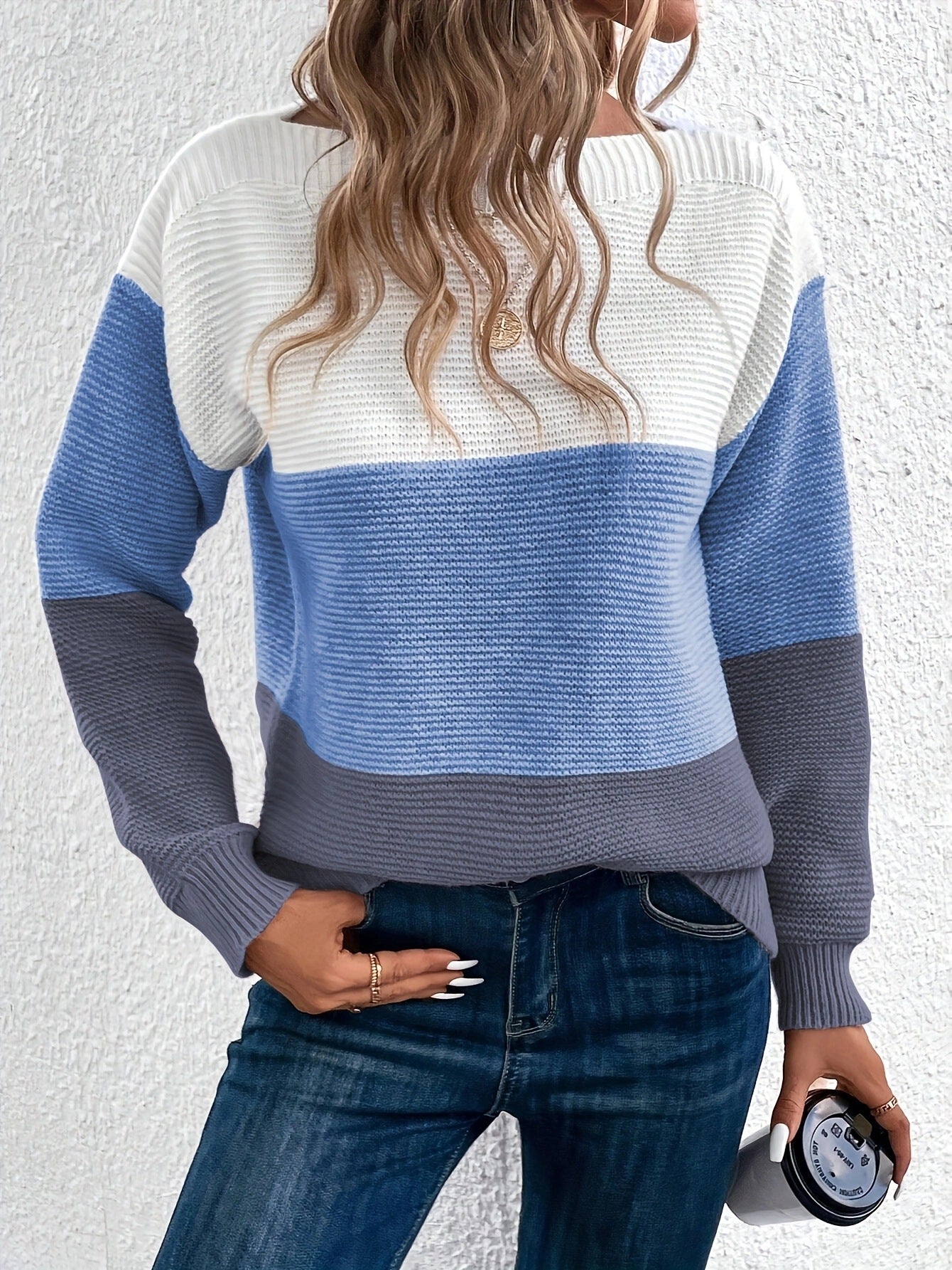 Women’s Pullover Knitted Sweater – Fashion Round Neck Splicing Loose Knit Top