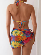 Women’s Three-Piece Bikini Set with Beach Towel – Floral Print Sexy V-Shape Swimsuit