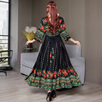 Women’s Ethnic V-Neck Embroidered Floral Maxi Dress – Long Sleeve A-Line Dress with Printed Hem