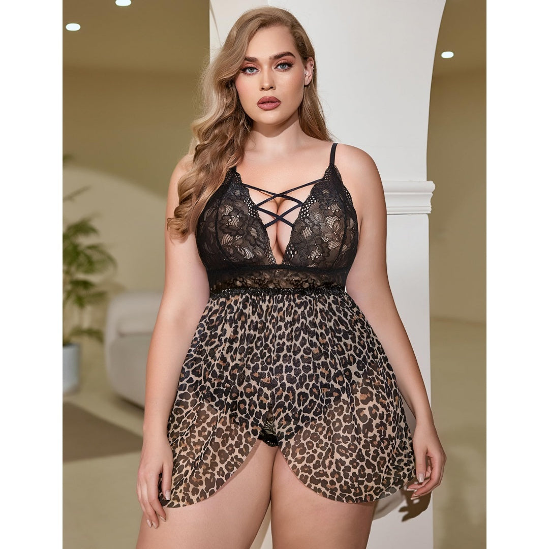 Plus Size Lace Babydoll Lingerie – V-Neck Snap Crotch Nighty Sleepwear for Women