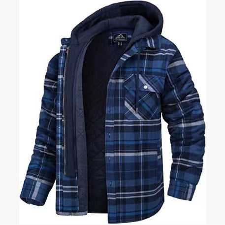 Men’s Thickened Cotton-Padded Plaid Hooded Jacket – Warm Loose Long Sleeve Winter Coat