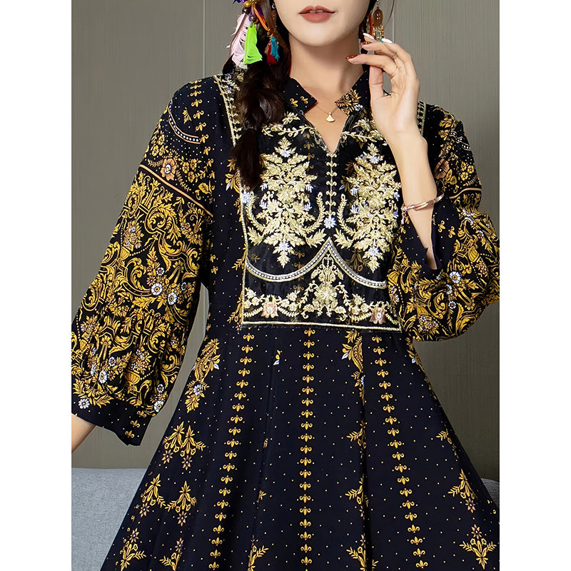 Women’s Boho V-Neck Maxi Dress – Elegant 3/4 Sleeve Ethnic Floral Print Swing Dress