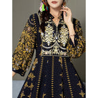 Women’s Boho V-Neck Maxi Dress – Elegant 3/4 Sleeve Ethnic Floral Print Swing Dress