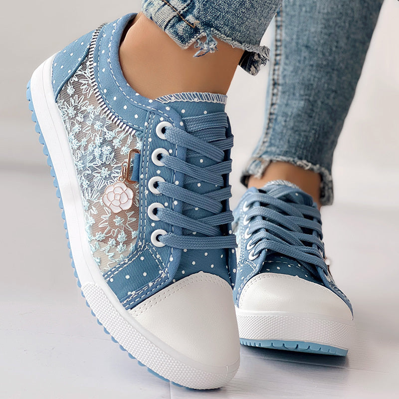 Floral Embroidered Polka Dot Print Sneakers – Trendy Casual Lace-Up Shoes for Women
