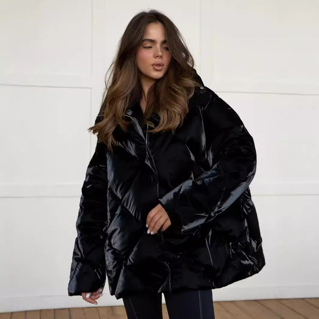 Women’s Baggy Matte Glossy Lapel Cotton-Padded Coat – Casual Warm Winter Jacket