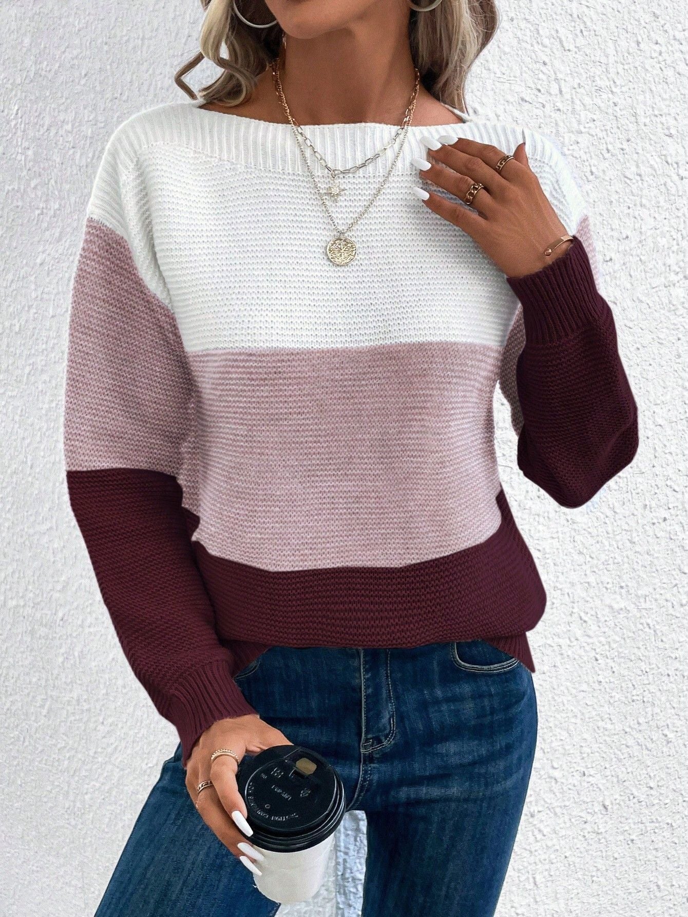 Women’s Pullover Knitted Sweater – Fashion Round Neck Splicing Loose Knit Top