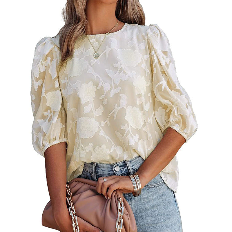 Women’s Puff Sleeve Chiffon Top – Loose Fit Floral Textured Blouse for Elegant Casual Wear