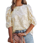 Women’s Puff Sleeve Chiffon Top – Loose Fit Floral Textured Blouse for Elegant Casual Wear