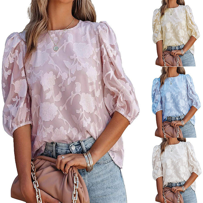 Women’s Puff Sleeve Chiffon Top – Loose Fit Floral Textured Blouse for Elegant Casual Wear