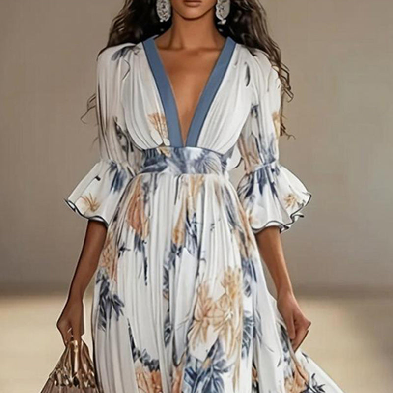 Women’s Floral Print Maxi Dress – Deep V-Neck & Flare Sleeves Elegant Evening Dress