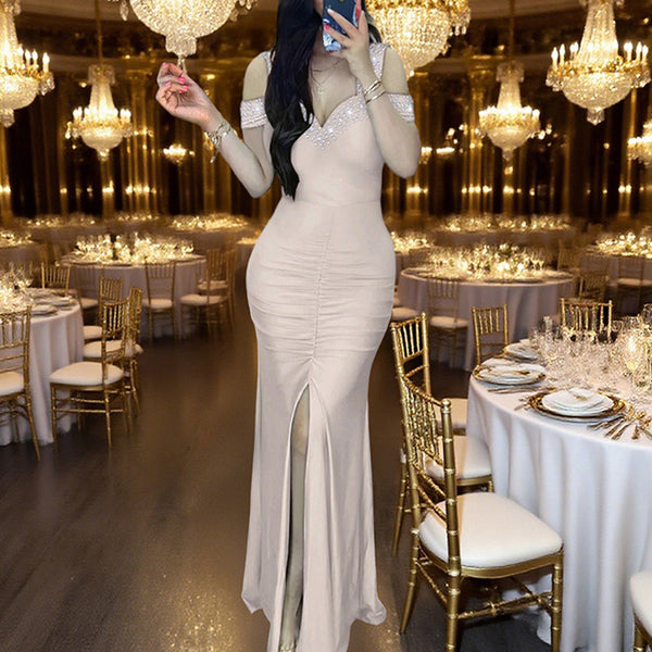 Women’s Sparkly Sequin Evening Gown – Elegant V-Neck Off-Shoulder Bodycon Dress with Thigh Slit