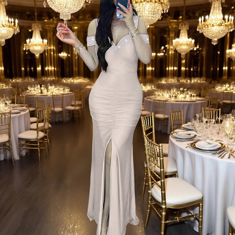 Women’s Sparkly Sequin Evening Gown – Elegant V-Neck Off-Shoulder Bodycon Dress with Thigh Slit