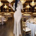 Women’s Sparkly Sequin Evening Gown – Elegant V-Neck Off-Shoulder Bodycon Dress with Thigh Slit