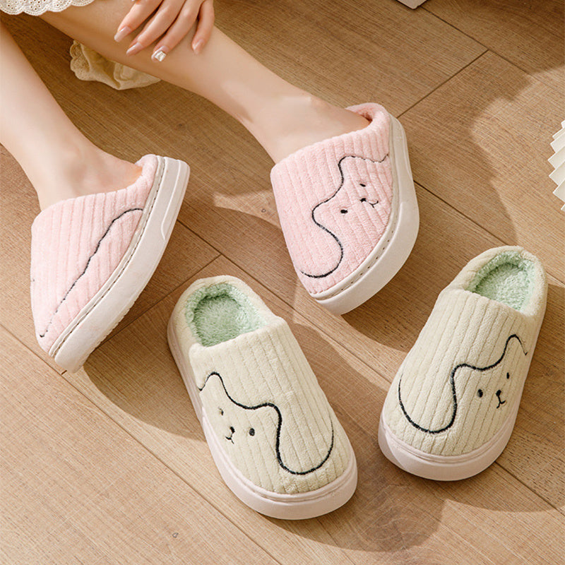 Striped Cat Slippers – Indoor Couple Non-Slip Winter Plush House Shoes for Women & Men