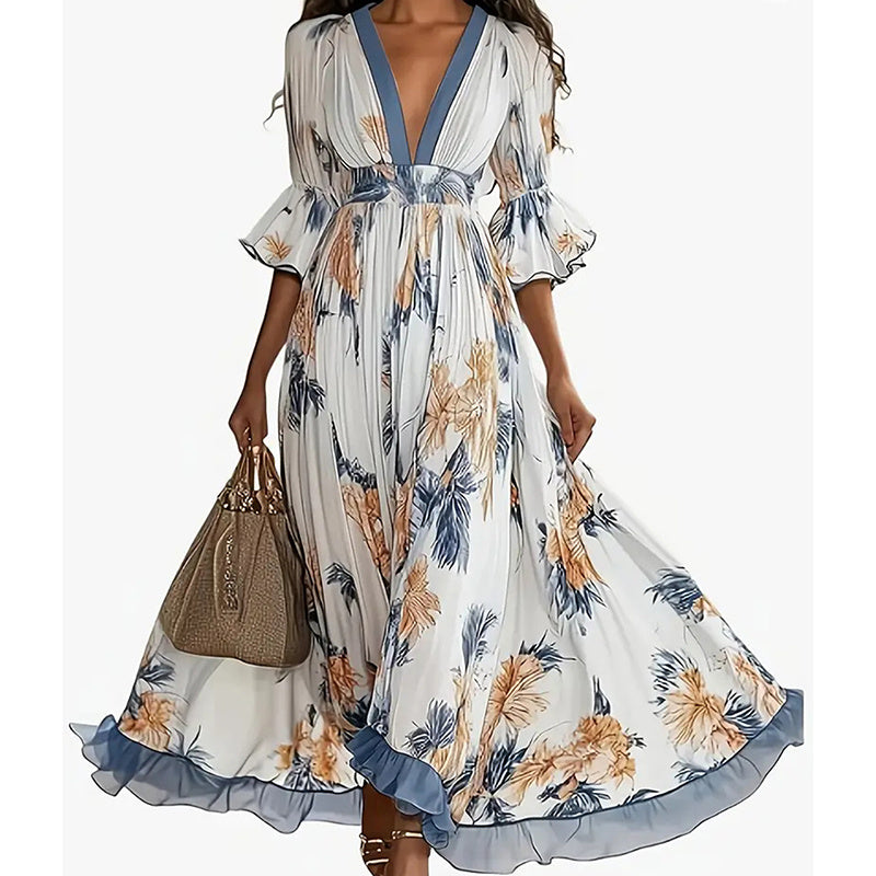 Women’s Floral Print Maxi Dress – Deep V-Neck & Flare Sleeves Elegant Evening Dress