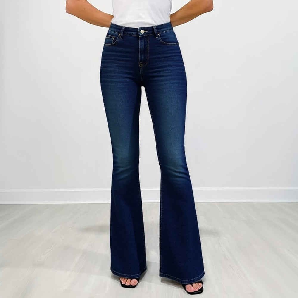 Women’s High-Waist Fold-Over Wide-Leg Jeans – Embroidered Layered Waistband Vintage Denim for All Seasons