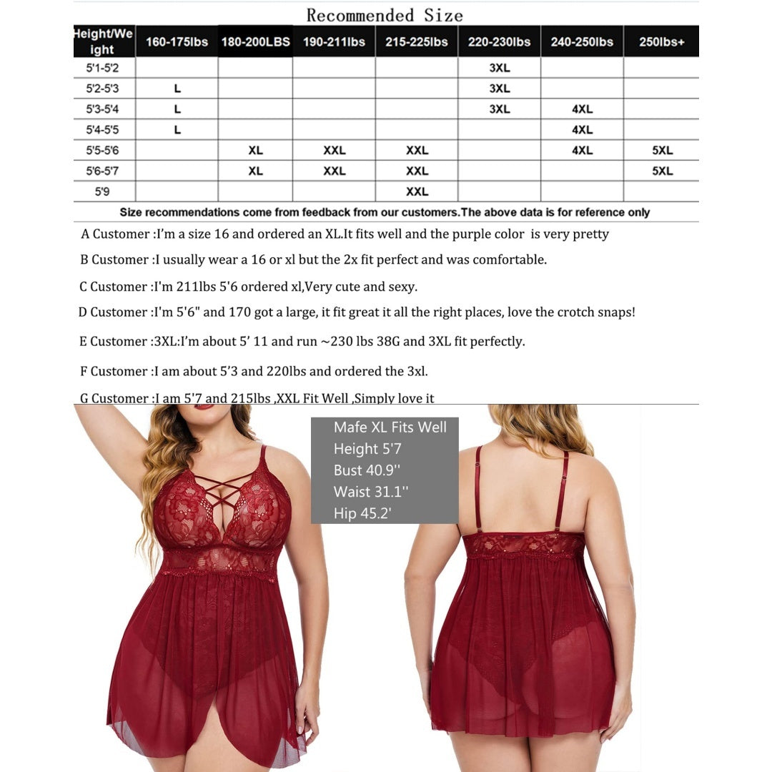 Plus Size Lace Babydoll Lingerie – V-Neck Snap Crotch Nighty Sleepwear for Women
