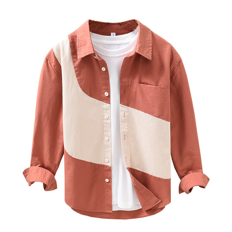 Men’s Stitching Long Sleeve Shirt – Stylish Contrast Panel Casual Fashion Top