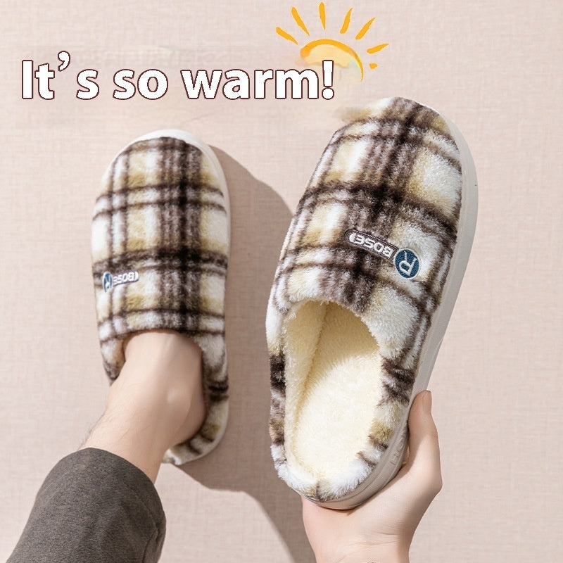 Women’s Home Plush Warm Non-Slip Plaid Cotton Shoes – Cozy Indoor Winter Slippers