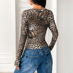 Women’s Vintage Leopard Print Long Sleeve T-Shirt – Casual Animal Print Top for Daily Wear
