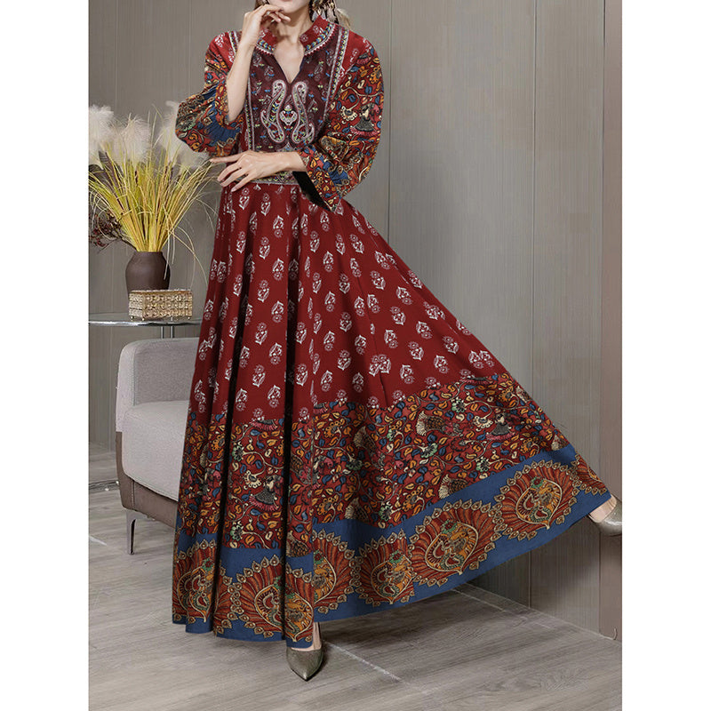 Women’s Bohemian Floral Swing Dress – Ethnic Embroidered Notched Neck 3/4 Sleeve Big Swing Dress