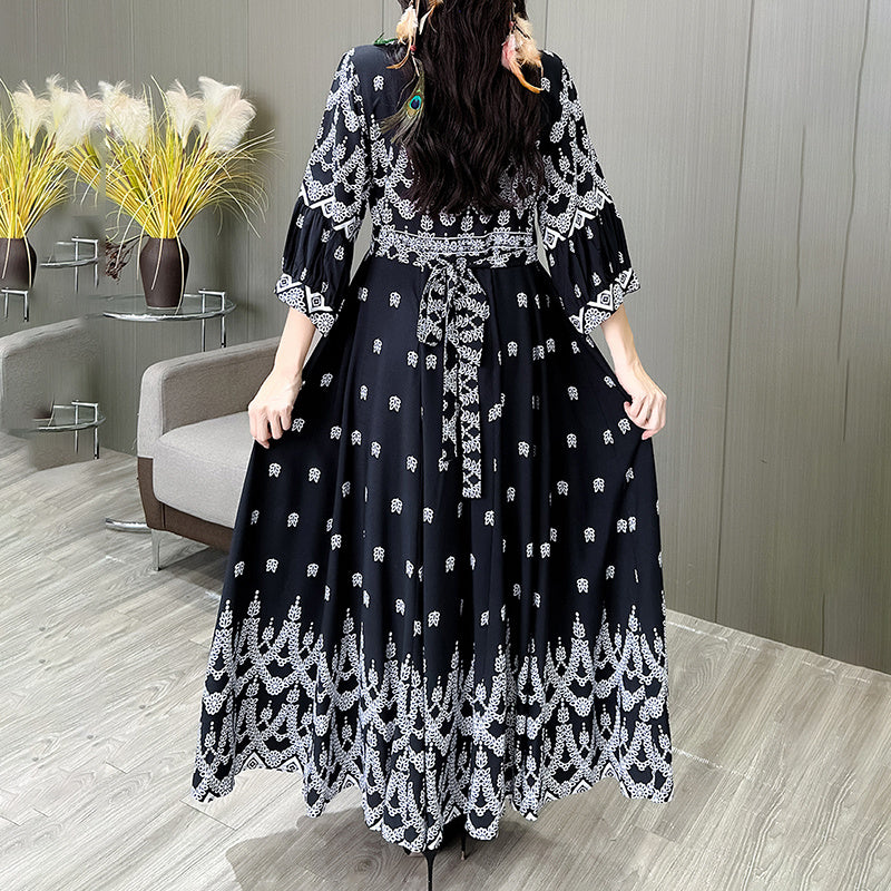 Women’s Bohemian Embroidery V-Neck Dress – Elegant 3/4 Sleeve A-Line Swing Maxi Dress