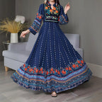 Women’s Ethnic V-Neck Embroidered Floral Maxi Dress – Long Sleeve A-Line Dress with Printed Hem