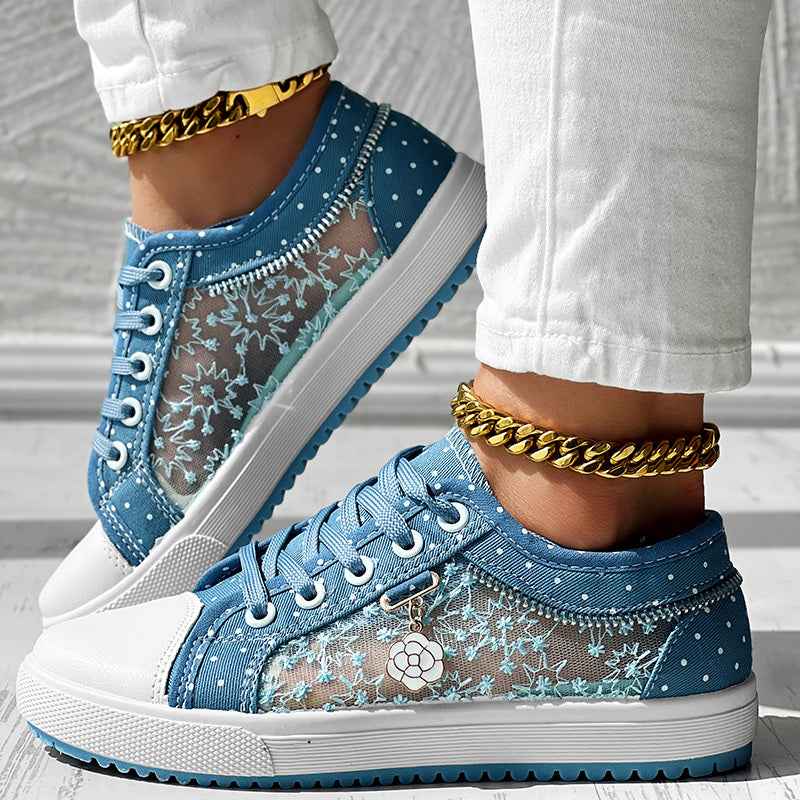 Floral Embroidered Polka Dot Print Sneakers – Trendy Casual Lace-Up Shoes for Women