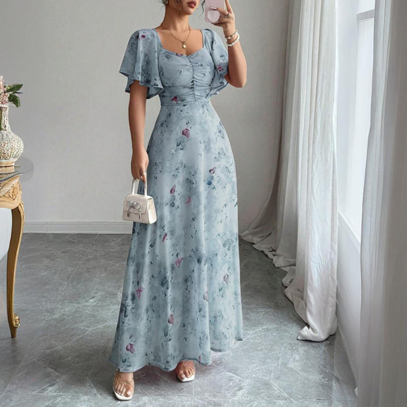 Women’s Square Neck Butterfly Print Maxi Dress – Short Sleeve A-Line Flowy Summer Vacation Dress