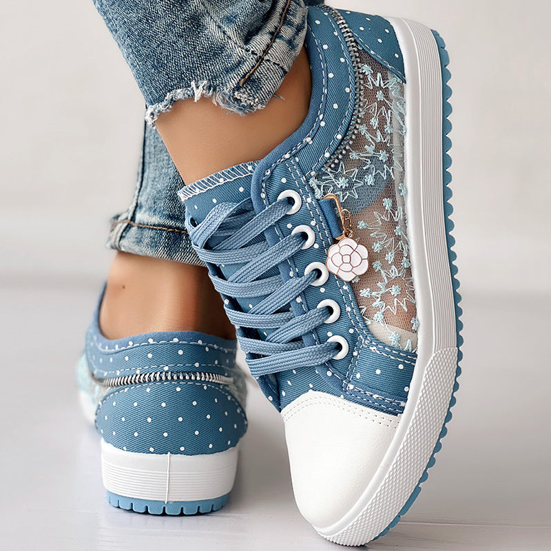 Floral Embroidered Polka Dot Print Sneakers – Trendy Casual Lace-Up Shoes for Women