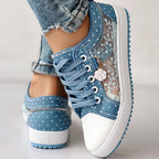 Floral Embroidered Polka Dot Print Sneakers – Trendy Casual Lace-Up Shoes for Women