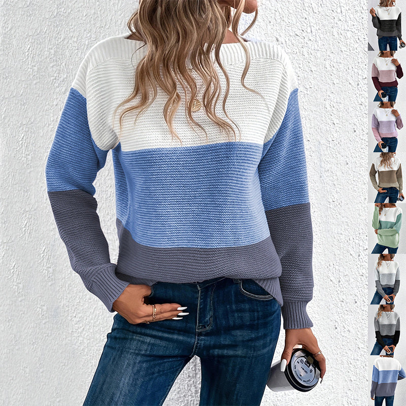 Women’s Pullover Knitted Sweater – Fashion Round Neck Splicing Loose Knit Top