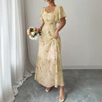 Women’s Square Neck Butterfly Print Maxi Dress – Short Sleeve A-Line Flowy Summer Vacation Dress