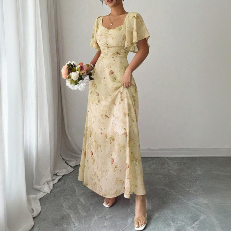 Women’s Square Neck Butterfly Print Maxi Dress – Short Sleeve A-Line Flowy Summer Vacation Dress