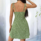 Women’s Floral Mini Dress – Spaghetti Strap Tie Shoulder Boho Ruffle Summer Dress