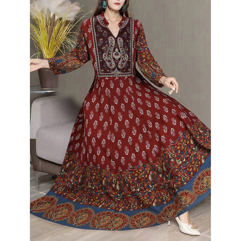 Women’s Bohemian Floral Swing Dress – Ethnic Embroidered Notched Neck 3/4 Sleeve Big Swing Dress