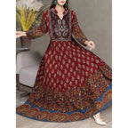 Women’s Bohemian Floral Swing Dress – Ethnic Embroidered Notched Neck 3/4 Sleeve Big Swing Dress