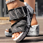 Newspaper Print Platform Wedge Slides – Trendy Slip-On Sandals for Women (Anklet Not Included)