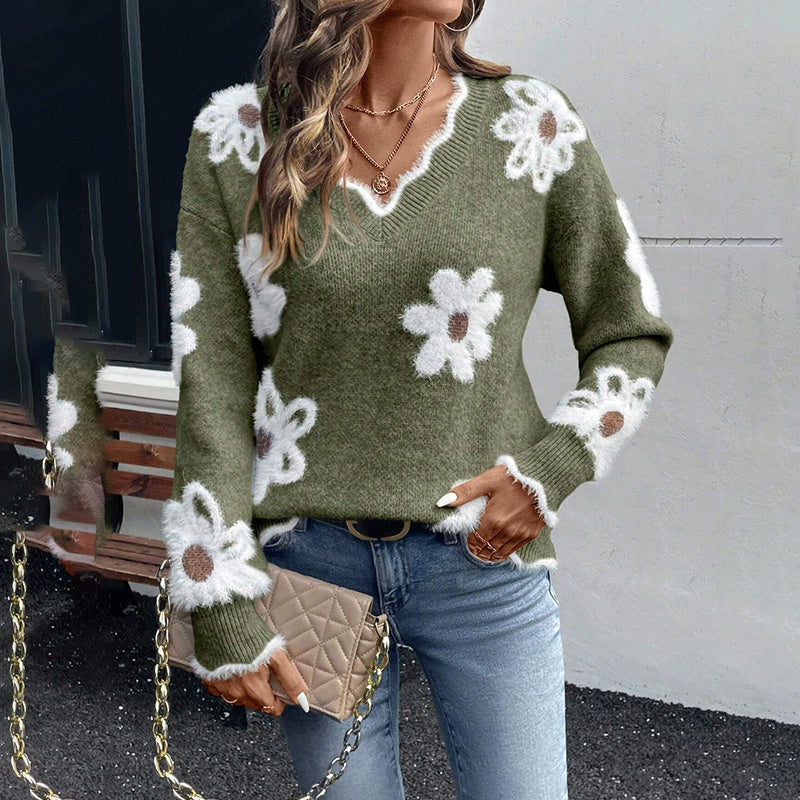 Women’s Fall Floral V-Neck Sweater – Long Sleeve Pullover with Scallop Trim