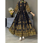 Women’s Boho V-Neck Maxi Dress – Elegant 3/4 Sleeve Ethnic Floral Print Swing Dress