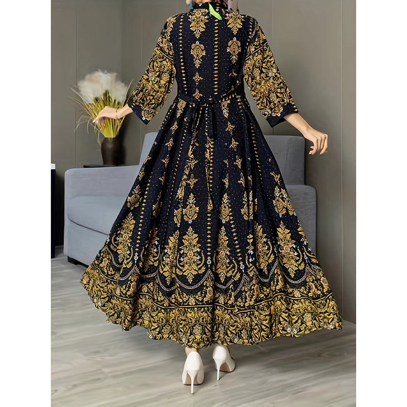 Women’s Boho V-Neck Maxi Dress – Elegant 3/4 Sleeve Ethnic Floral Print Swing Dress