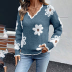 Women’s Fall Floral V-Neck Sweater – Long Sleeve Pullover with Scallop Trim