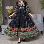 Women’s Ethnic V-Neck Embroidered Floral Maxi Dress – Long Sleeve A-Line Dress with Printed Hem